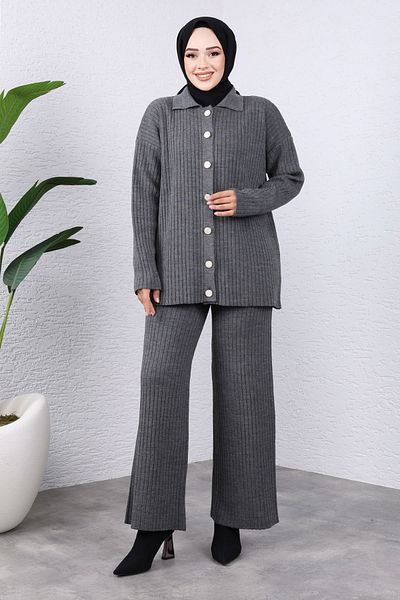 Tesettür Dünyası Anthracite Front Buttoned Knitwear Set - Tsd 240936
