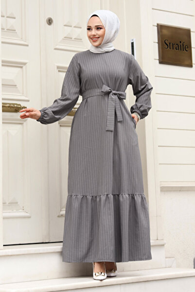 Tesettür Dünyası Eteği Volanlı Beli Bağlamalı Elbise Tsd240312 Gri