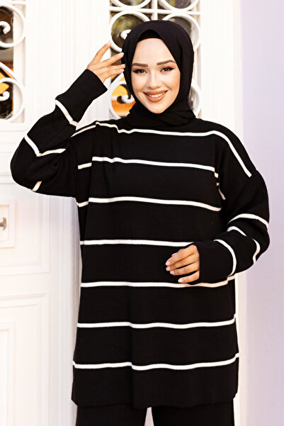 Tesettür Dünyası Black Striped Knitwear Set - Tsd 240721