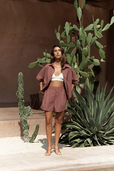 MAİ COLLECTİON Corfu Light Claret Red Shirt Shorts Set