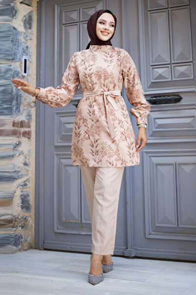 Tesettür Dünyası TSD 240726 Model Brown Double Set - Floral Pattern and Waist Belt