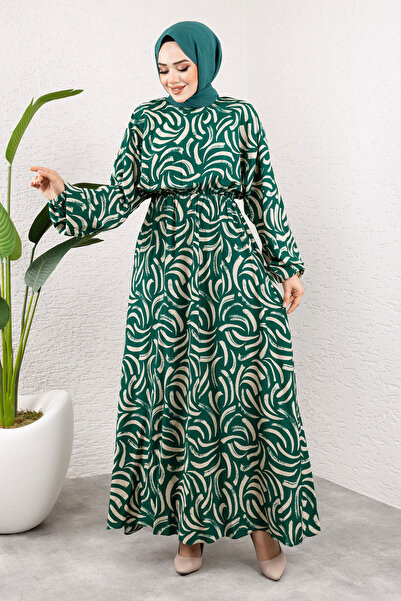 Tesettür Dünyası Μακρύ μονόχρωμο φόρεμα από βισκόζη με σχέδια και ελαστική μέση TSD250102 Πράσινο