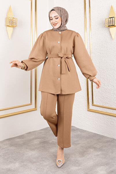 Tesettür Dünyası Front Buttoned Scuba Suit Camel Tsd 250133