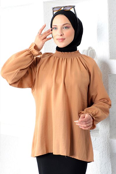 Tesettür Dünyası Tie Neck Elastic Blouse Tsd221205 Tan