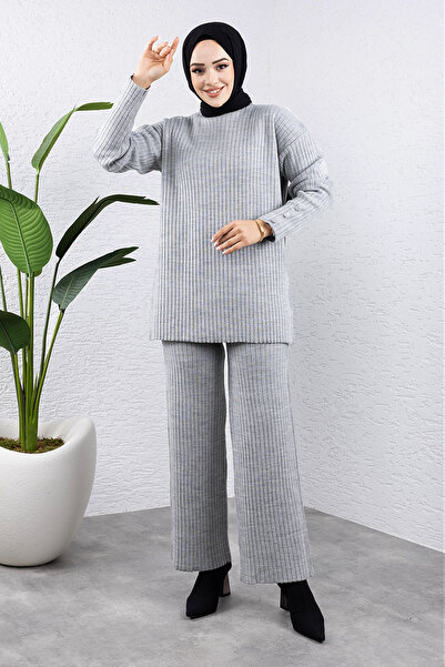 Tesettür Dünyası Gray Knitwear Set - Button Detail, Tsd 240947