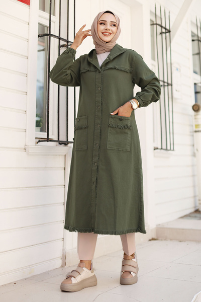 Tesettür Dünyası Χακί Χρώμα Φούντα Μακρύ Τζιν Καπάκι - TSD 240821