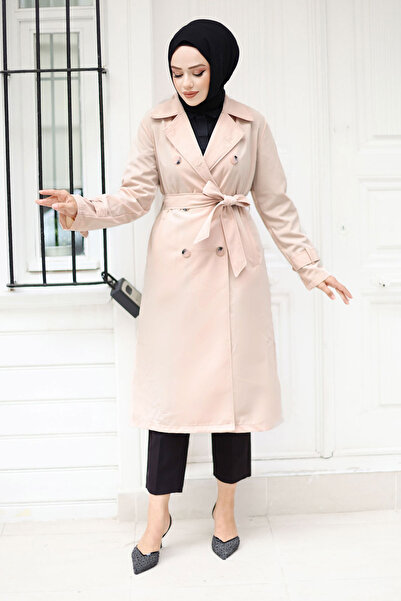 Tesettür Dünyası Düğmeli Kol Ucu Apolet Detaylı Trençkot TSD240901 Bej