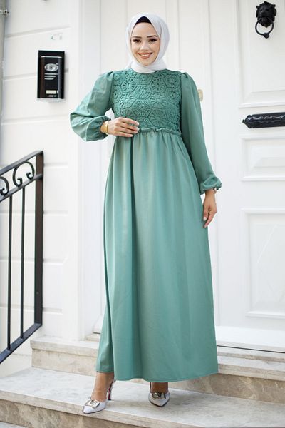 Tesettür Dünyası Mintgrünes Hijab-Kleid – Spitzendetail vorne TSD 240519