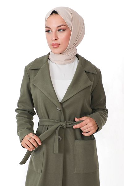 Tesettür Dünyası Pocket Stamped Coat TSD230815 Khaki