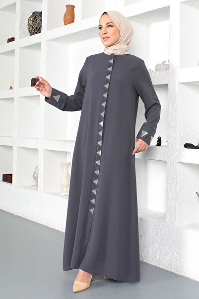 Tesettür Dünyası Antracitové trojúhelníkové flitry vyšívané hidžáb Ferace - Tsd 230331