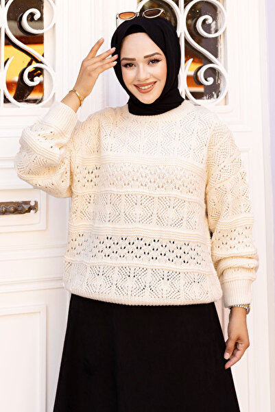 Tesettür Dünyası Beige Openwork Patterned Knitwear Tunic - TSD 240718