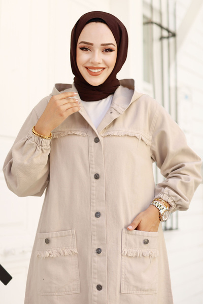 Tesettür Dünyası TSD 240821 Μοντέλο Κρεμ μακριά τζιν μπουφάν με φούντα