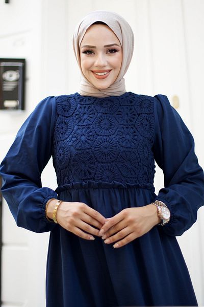 Tesettür Dünyası Μπλε φόρεμα Hijab - Δαντέλα με λεπτομέρειες, TSD 240519