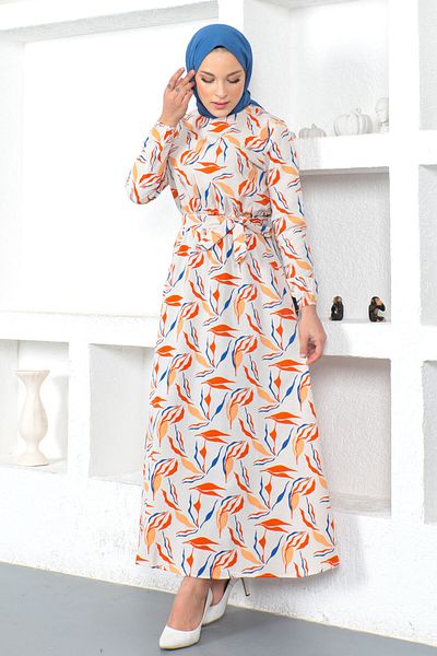 Tesettür Dünyası Branch Patterned Linen Dress Tsd230226 Orange
