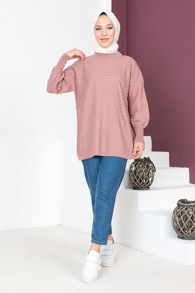 Tesettür Dünyası Thin Zigzag Patterned Knitwear Tunic TSD230719 Dusty Rose