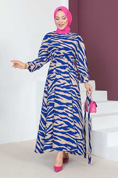 Tesettür Dünyası Zebra Desenli Uzun Tesettür Elbise TSD230624 Mavi