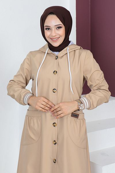 Tesettür Dünyası Ribbed Trench Coat TSD230638 Camel