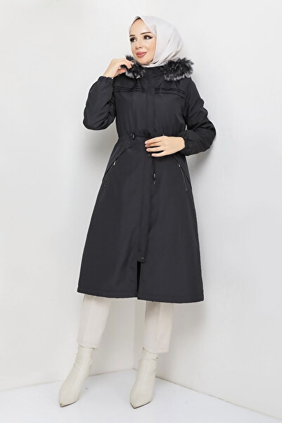 Tesettür Dünyası Zippered Pocket Patch Detailed Coat TSD231013 Black