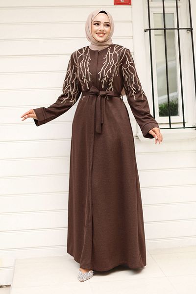 Tesettür Dünyası TSD 240927   Μοντέλο Brown Hijab Ferace - Μοτίβο κλαδιών και ζώνη