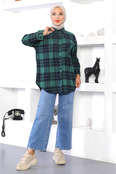 Tesettür Dünyası Drevorubačská košeľa s jedným vreckom Tsd221111 Zelená