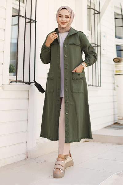 Tesettür Dünyası Χακί Χρώμα Φούντα Μακρύ Τζιν Καπάκι - TSD 240821