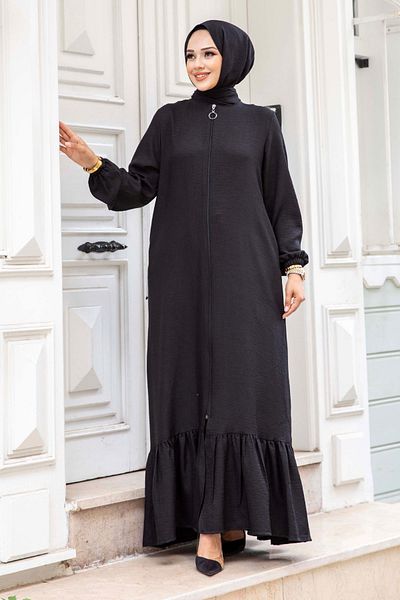 Tesettür Dünyası Μαύρο Hijab Ferace με Flounce φούστα και λεπτομέρεια με φερμουάρ - TSD240517