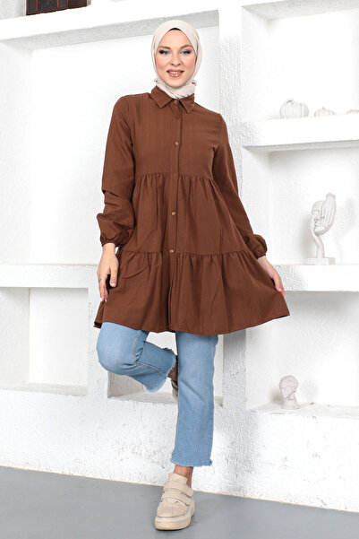 Tesettür Dünyası Tunika z falbaną Tsd230370 Brązowa