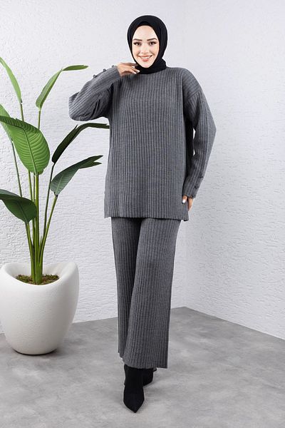 Tesettür Dünyası Anthracite Knitwear Set - Tsd with Handle End Button Detail 240947