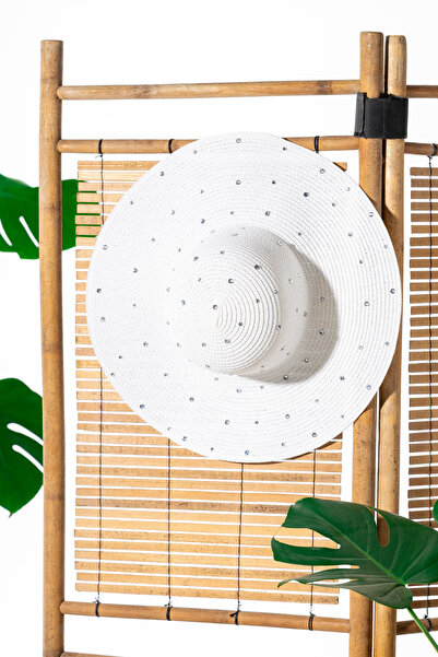 Luminos Butik Beyaz Geniş Kenarlı Taş İşlemeli Doğal Hasır Şapka, Şık Tasarım...