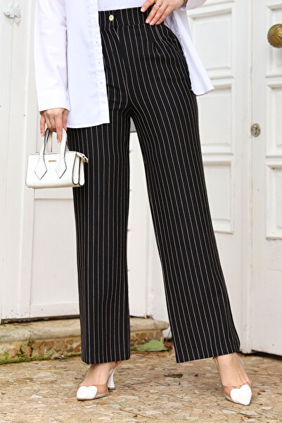 Tesettür Dünyası Striped Palazzo Pants TSD240117 Black