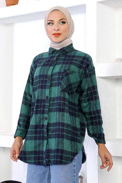 Tesettür Dünyası Drevorubačská košeľa s jedným vreckom Tsd221111 Zelená