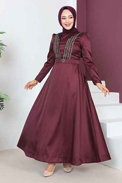 Tesettür Dünyası Öv részletes estélyi ruha TSD230636 Plum