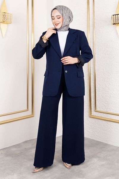 Tesettür Dünyası Σετ μπλέιζερ με τσέπη για μαντήλια TSD250157 Navy Blue