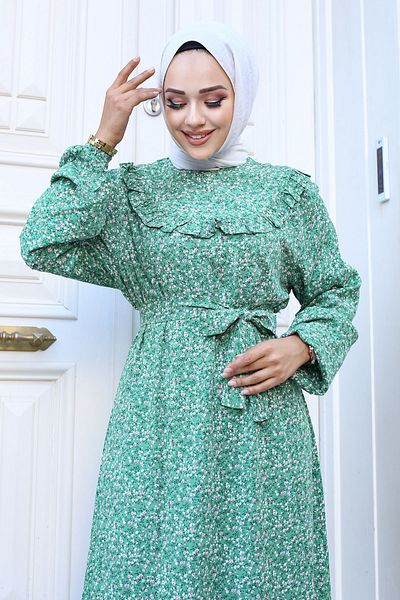 Tesettür Dünyası Φόρεμα Mint Green Viscose - TSD με λεπτομέρεια βολάν και μοτίβο λουλουδιών240614