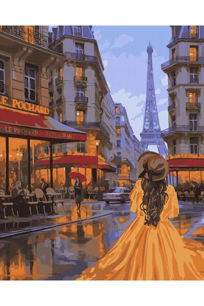 Pastelya Sayılarla Boyama Seti Çerçeveli Kasnaklı Eyfelde Sarı Elbiseli Kadın...