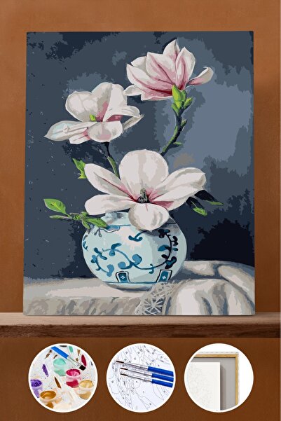 Pastelya Sayılarla Boyama Seti Çerçeveli Kasnaklı Vazodaki Orkide 50x65 cm