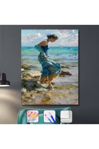 Pastelya Sayılarla Boyama Seti Çerçeveli Kasnaklı Denizde Yürüyüş 40 x 50 Cm