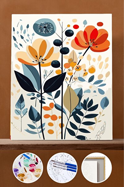 Pastelya Sayılarla Boyama Seti Çerçeveli Kasnaklı Boho Çiçekler 2 40x50 cm