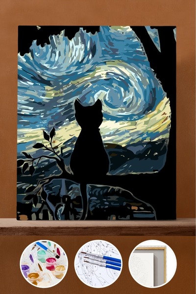 Pastelya Sayılarla Boyama Seti Çerçeveli Kasnaklı Van Gogh Kedi 40x50 cm