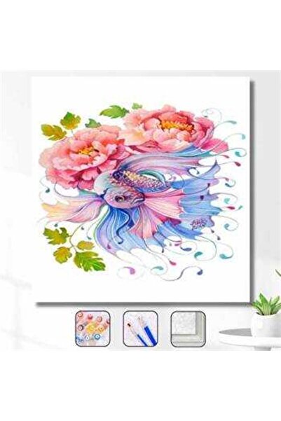 Pastelya Sayılarla Boyama Seti Çerçeveli Kasnaklı Beta Balığı Ve Çocuklar 50x65