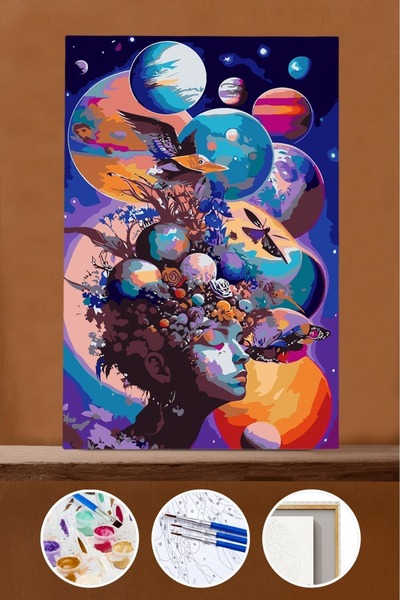Pastelya Sayılarla Boyama Seti Çerçeveli Kasnaklı Soyut Kadın ve Gezegenler 4...