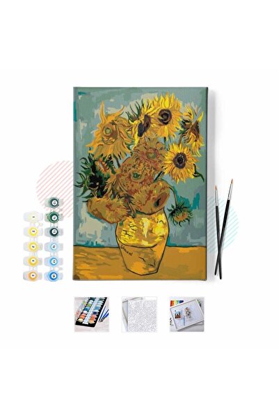 Pastelya Sayılarla Boyama Seti Çerçeveli Kasnaklı Van Gogh Ayçiçekleri 40x50