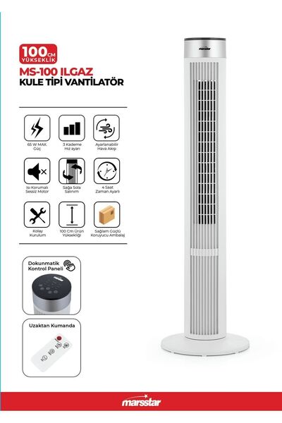 Marsstar MS-100 Ilgaz 100 cm Kule Tipi Vantilatör | Sessiz, Uzaktan Kumandalı...