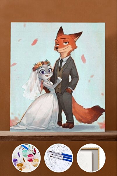 Pastelya Sayılarla Boyama Seti Çerçeveli Kasnaklı Tavşan ve Tilki Evlilik 60x75 cm