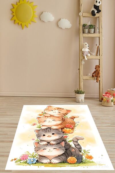 on the clouds Beyaz Zemin Sevimli Yavru Kediler Desenli Yıkanabilir Kaymaz Ta...