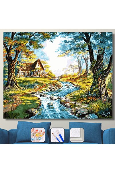 Pastelya Sayılarla Boyama Seti Çerçeveli Kasnaklı Ormandaki Ev 40x50 Cm