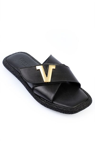 Capone Outfitters Kata Genuine Leather Cross Banded V Buckle Flat Heeled Comfort Women's Slippers