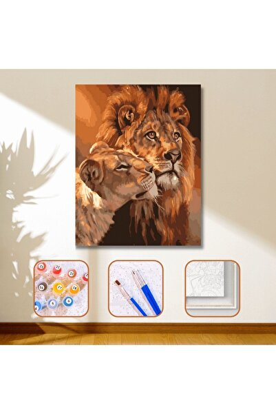 Pastelya Aşık Aslanlar Sayılarla Boyama Seti Çerçeveli Kasnaklı (DZ 17)