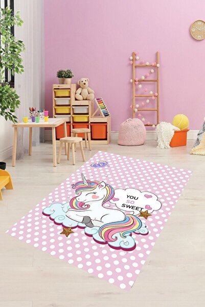 on the clouds Unicorn Desenli Dijital Baskı Yıkanabilir Kaymaz Taban Çocuk Od...