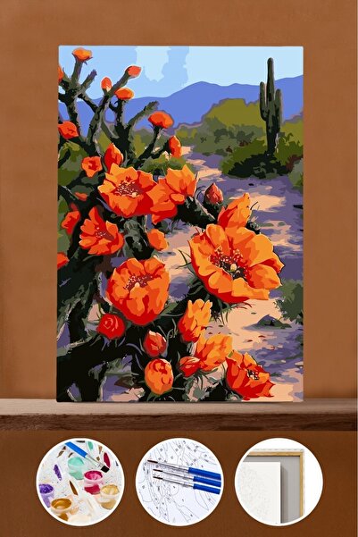 Pastelya Sayılarla Boyama Seti Çerçeveli Kasnaklı Kaktüs Çiçeği 1 60 x 75 cm